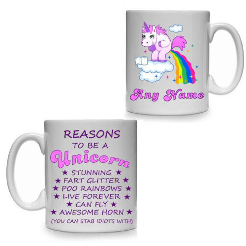 REASONS TO BE A UNICORN PERSONALISED GIFT MUG CUP RAINBOW POO STAB IDIOTS HORN
