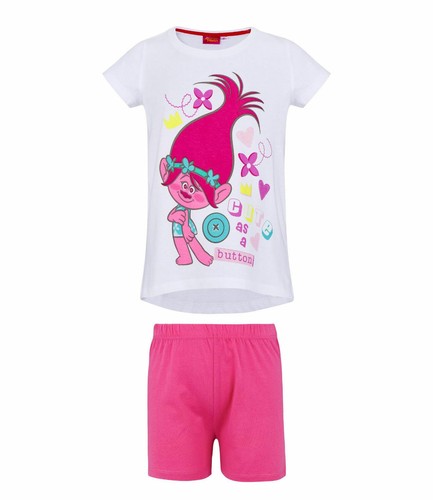 Girls Kids Official Trolls Poppy White Dark Pink Short Sleeve Pyjamas PJs