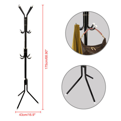 12 Hook Coat Hanger Stand 3 Tier Hat Bag Clothes Metal Storage Tree Style Rack # 