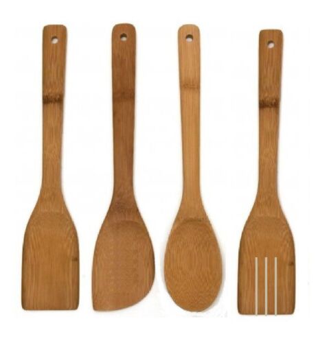 4 x bambou cuillères en bois spatule cuillère de cuisine ustensiles de cuisson outils turner set 
