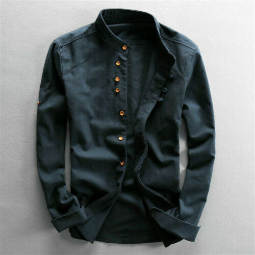Men Cotton Linen Shirt Formal Retro Long Sleeve Mandarin Collar Frog Button Tops