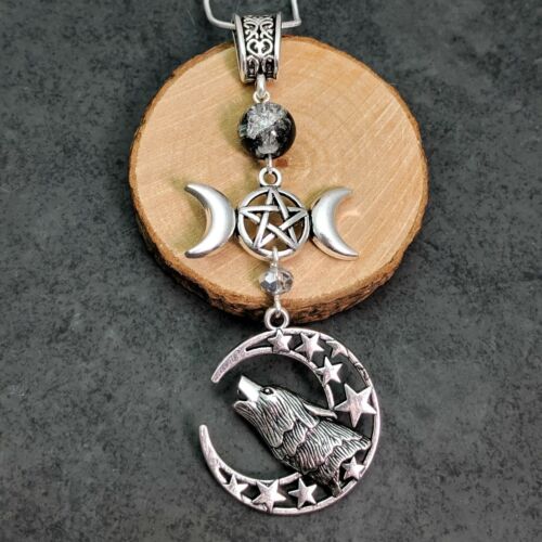 Silver Tone Wicca Howling At Crescent Moon Wolf Pendant Triple Moon Glass Beads 