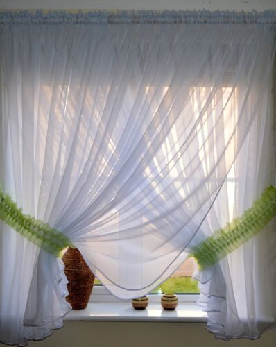 VOILE LUXURY NET CURTAIN ELEGANCE FINISHED WHITE WITH COLOURS TIE BACKS FOR YOU!
