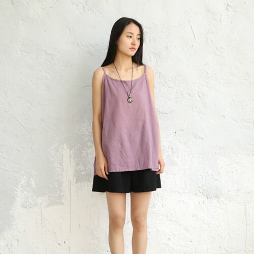 Lady Loose Linen Cotton Tank Tops Camisole Solid Spaghetti Strap Sleeveless Vest
