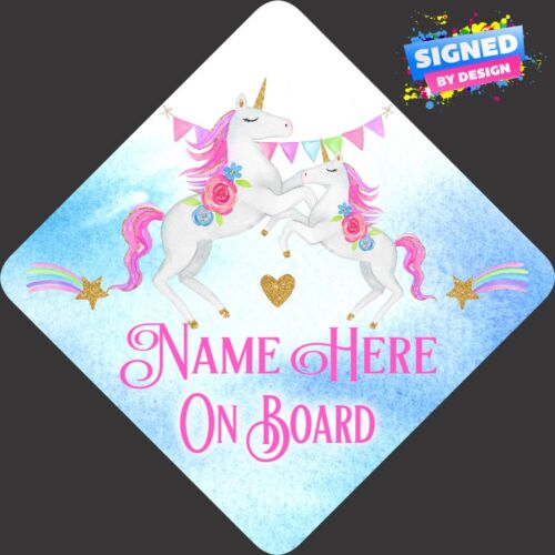 Personalised Unicorns Baby Child//Baby on Board Car Sign New ~ Pastel Pin /& Blue