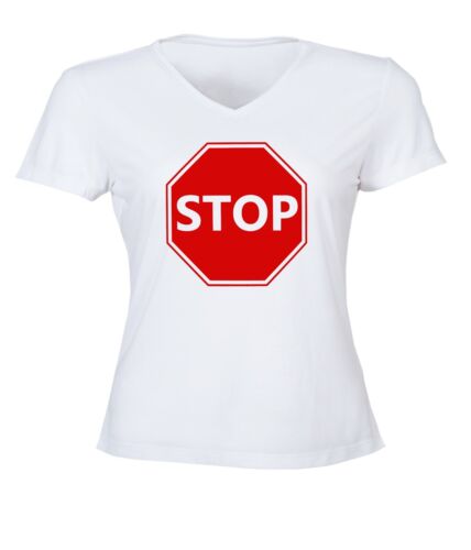 Details about  / Red Driver Stop Sign Women Junior V-Neck Top Tee T-Shirt