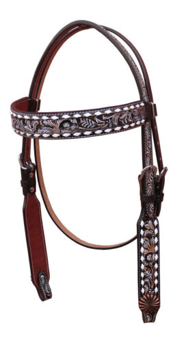 Details about   Western D Brown Leather Hand Carved Set of Headstall & Breast Collar /Buckstitch 