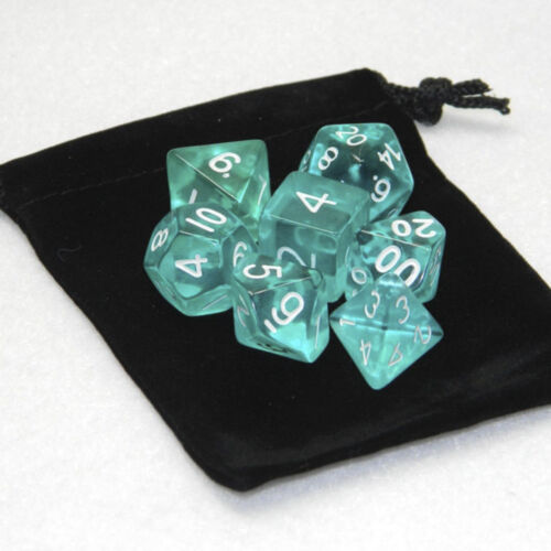 Lots 7 Piece Polyhedral Set Cloud Drop Translucent Teal RPG DnD With Dice Bag