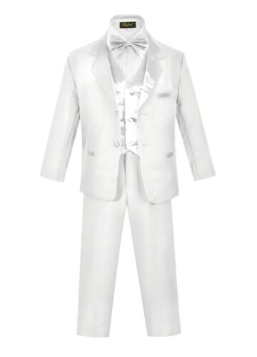 Boys Slim Fit Tuxedo suit 5pc set coat,Satin vest,striated pant,shirt,bow tie