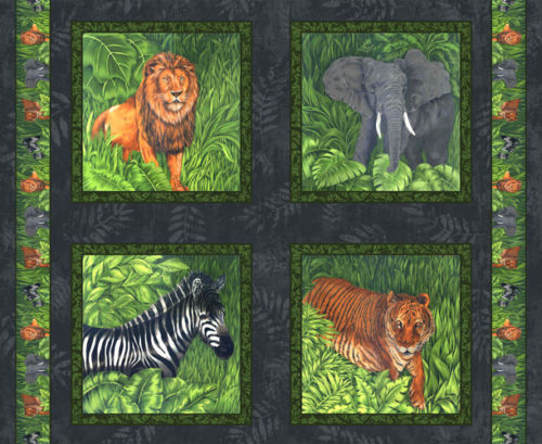 Safari Animals Cushion Panels Cotton Fabric Elephant, Lion, Tiger, Zebra