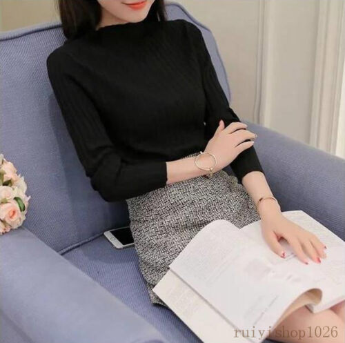 Korean Womens Mock Neck Sweater Pullover Slim Long Sleeve Knit Shirt Blouse Tops 