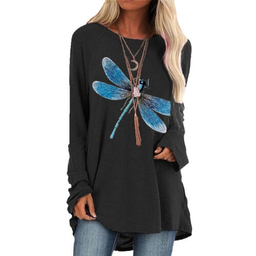 Womens Long Sleeve T-shirt Crew Neck Casual Loose Tops Plus Size Dragonfly Print