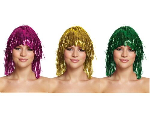 Women/'s Set of 3 Pink Gold /& Green Shiny Metallic Foil Fancy Dress Tinsel Wigs