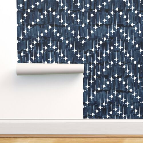 Removable Water-Activated Wallpaper Indigo Chevron Shibori Boho Geometric Blue
