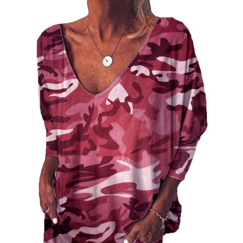 Womens Casual Loose Camouflage V Neck Blouse Top Long Sleeve Back Button T Shirt