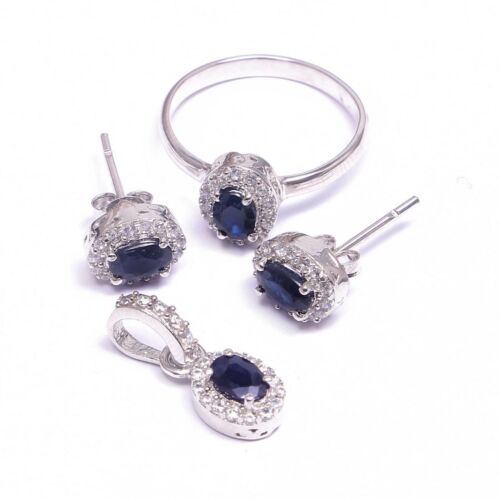 Details about  / Natural Blue Sapphire Halo Ring Earrings Pendant Jewelry Set 925 Sterling Silver