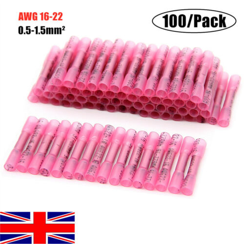 100PCS Red 22-16AWG Heat Shrink Wire Connectors Butt Splice Waterproof Terminals 