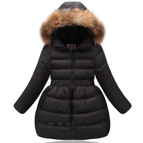 Girls Winter Cotton Down Jacket Quilted Parkas Faux Fur Hooded Padded Kids Coat