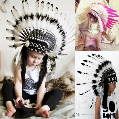 Kids Adult Native American Chief Headwear War Tablita Indian Feather Hair Bonnet 