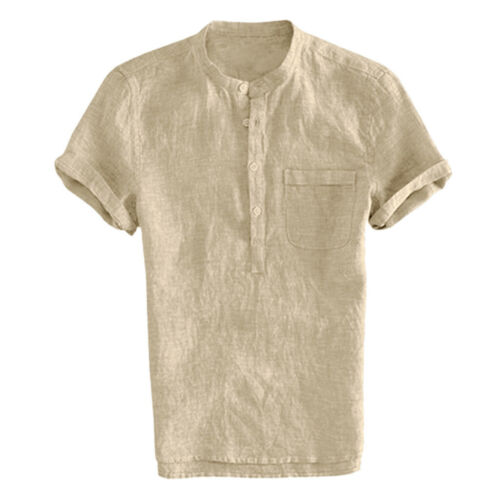 Men Loose Cotton Linen Solid Color Short Sleeve Retro T-Shirt Tops Casual Blouse