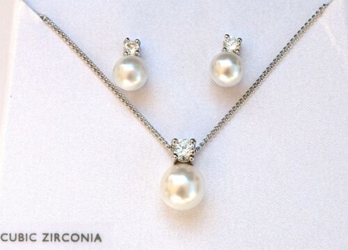 New Silver Tone Cubic Zirconia Pearl Pendant Earring Set Necklace Chain 18&#034;