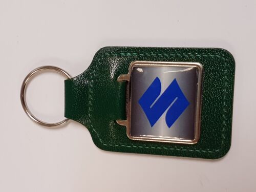 CHOICE OF COLOURS SUZUKI BLUE S GREY BACKGROUND SQUARE LEATHER KEYRING 