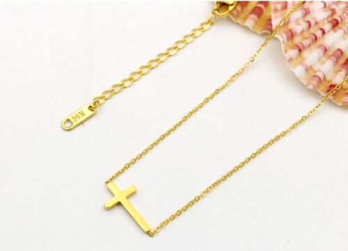 Sideways Cross 16" or 18" Necklace Silver Gold Stainless Steel Pendant Gift PE11 