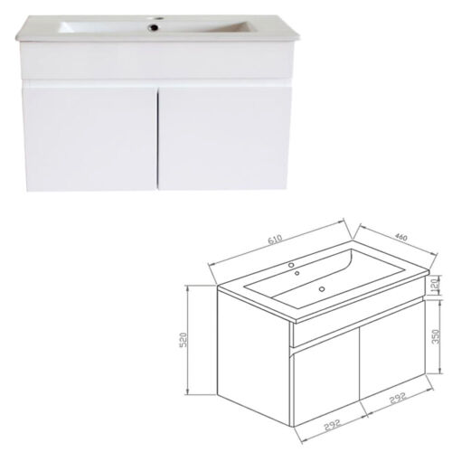 600*465*520mm Wall Hung Vanity Basin Sink Storage Cabinet Soft Close