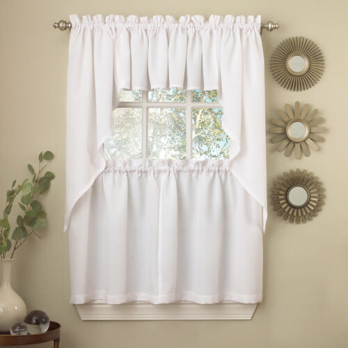 Valance & Swag Set Ribcord Kitchen Curtains Solid Opaque 36" Tier 