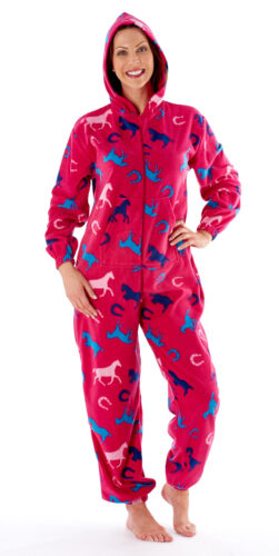 Size 16//18. Ladies Pink Horse Design Hooded Long Sleeve Pyjama All In One