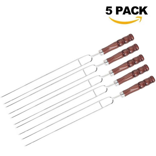 5pcs//set BBQ Grilling Kebab Wooden Handle Stainless Steel Flat Barbecue Skewers