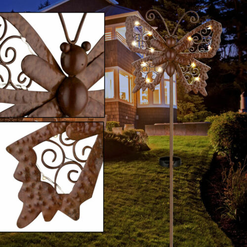 LED Solar Steck Lampe Bronze Schmetterling Garten Terrassen Beleuchtung Schalter 