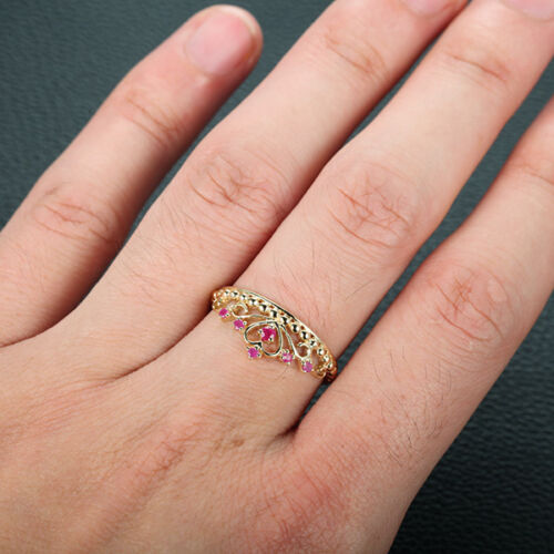Red Crown Rubies Real 14K Yellow Gold Engagement Wedding Band Anniversary Ring 