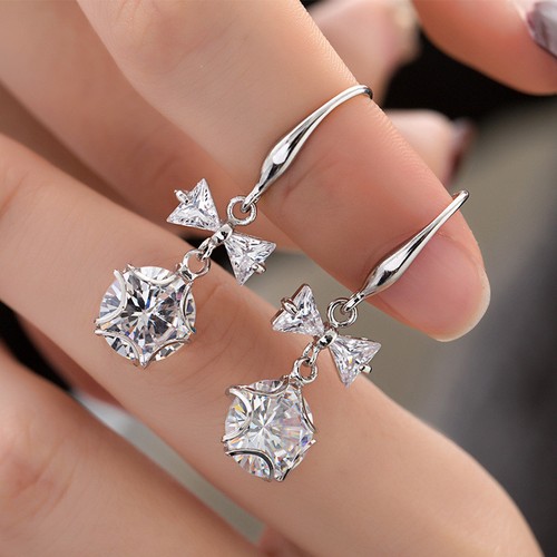 Cute Round White Sapphire Star Bow Drop Dangle Boucles d/'oreilles Argent 925 Mariage Cadeaux