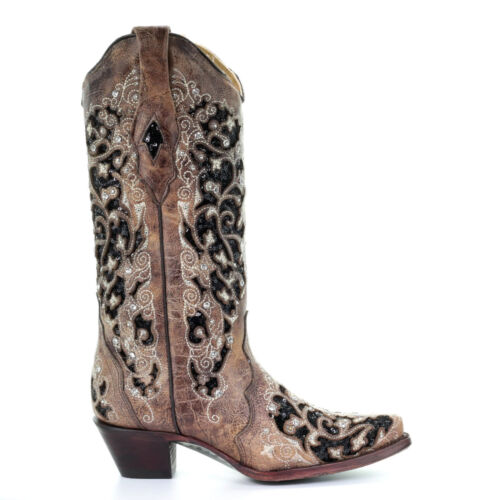 Corral Ladies Brown Floral Embroidery & Black Sequin Inlay Boots A3569 