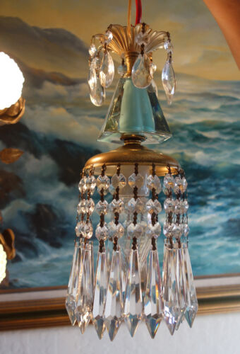 1 Vintage SWAG plugin Blue aqua Brass hanging lamp chandelier crystal prisms