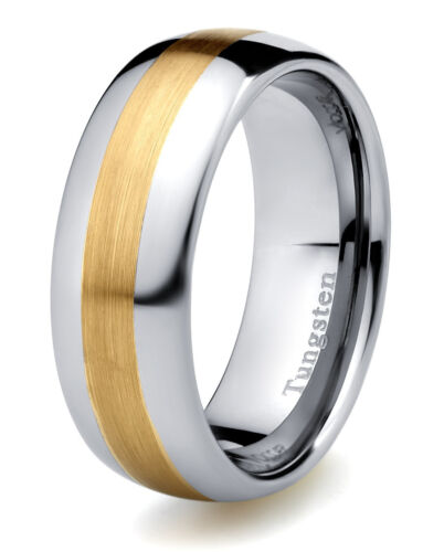 Mens Wedding Band Ring Tungsten Carbide Modern Two Tone 14K Yellow Gold Plated