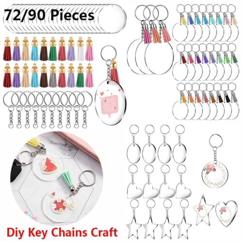 72//90PCS Clear Round Keychain Blanks with Tassel Pendants for DIY Keychain Craft