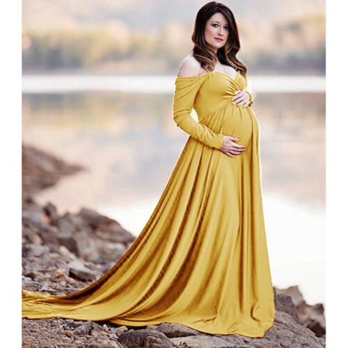 UK Women Pregnant Maternity Long Maxi Dress V Neck Gown Photography Props Dress