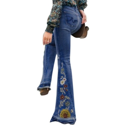 Womens Skinny Flare Denim Jeans Retro Bell Bottom Stretch Pants Trousers UK 6-20