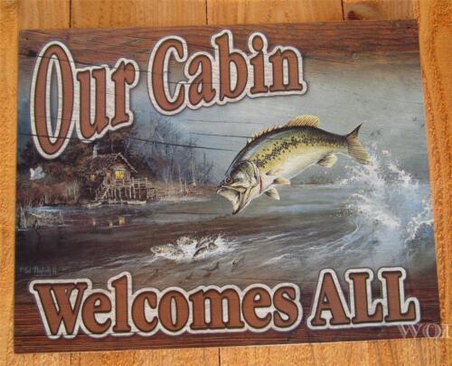 Fishing Cabin Fish Lake Rustic Picture Tin Welcome Sign Hanging Wall Door Plaque