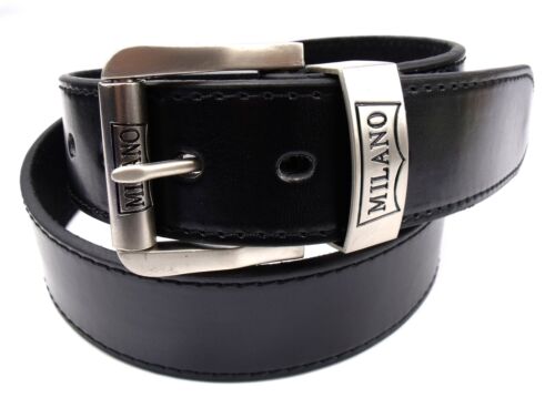 MENS WOMENS BLACK HIGH QUALITY LEATHER BELT SILVER BUCKLE DESIGNED BY MILANO 