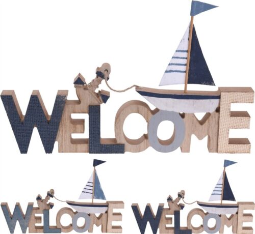WELCOME Wooden Sign Plaque Blue Striped Nautical Boat Yacht  Anchor Beach Theme 
