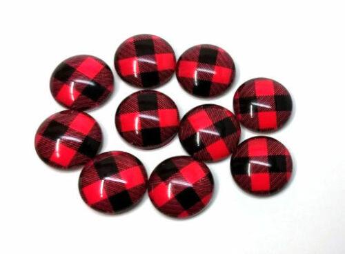 Buffalo Check 10 pcs Red and Black Circle Glass Round Dome Seals Tiles 12mm