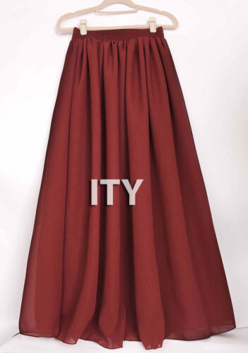 Women Maxi Skirt Chiffon Double Layer Pleated Retro Long Dress Elastic Waist New 