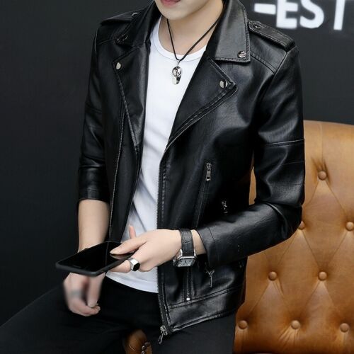 Men/'s Biker Slim Fit Long sleeve Faux Leather Jacket Lapel Motorcycle Korean L