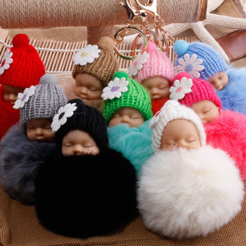 US Cute Sleeping Baby Key chains Doll Rabbit Fur Fluffy PomPom Bag Decor Keyring