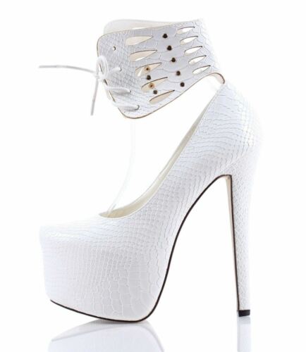 Details about  / White Ankle Strap Snake Skin Print Platforms Womens High Heels Shoes Size 6.5