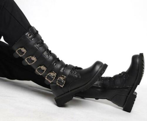 Mens Military Army Calf Boots Buckle Strap Lace Up Shoes Plus Size Gothic Punk 