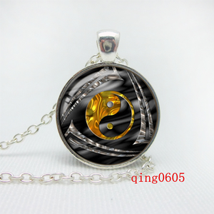 Vintage cabochon Tibetan Silver Verre Chaîne Collier Pendentif yin et yang #Y45